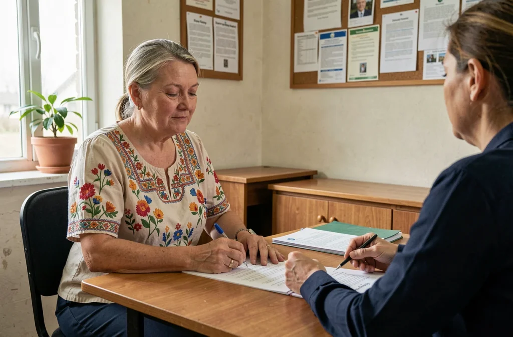 Femme rurale signant un contrat de microcrédit dans une coopérative financière locale