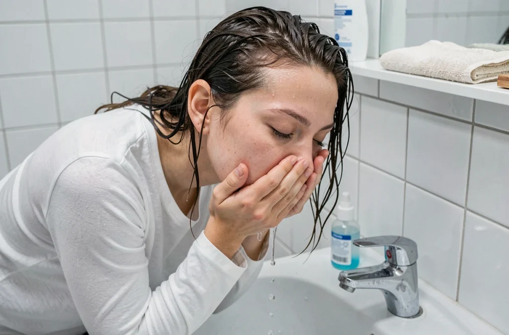 Jeune femme se rinçant le visage au-dessus d'un lavabo avec un spray nasal salin contre les allergies au pollen