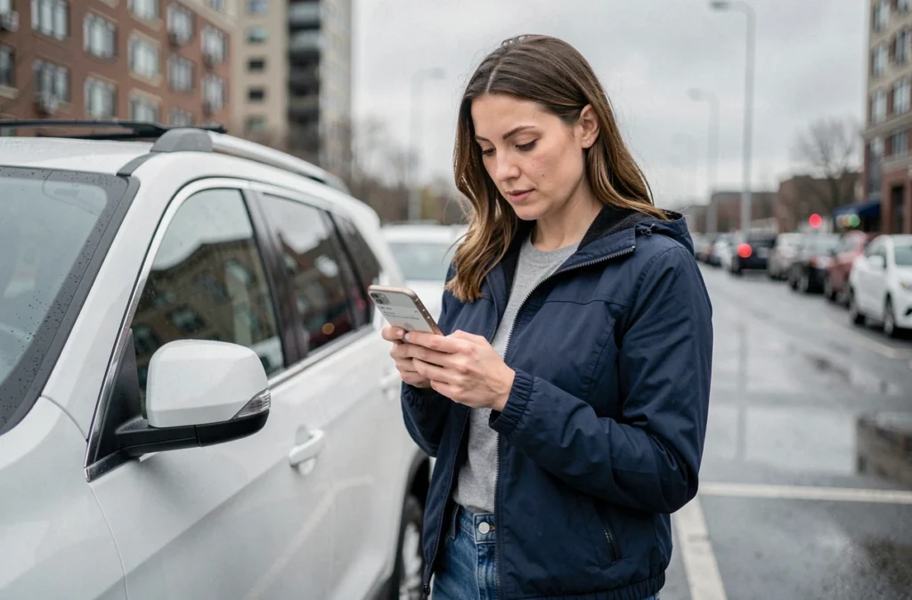 Femme utilisant une application de suivi d'entretien automobile sur smartphone devant un SUV en parking urbain