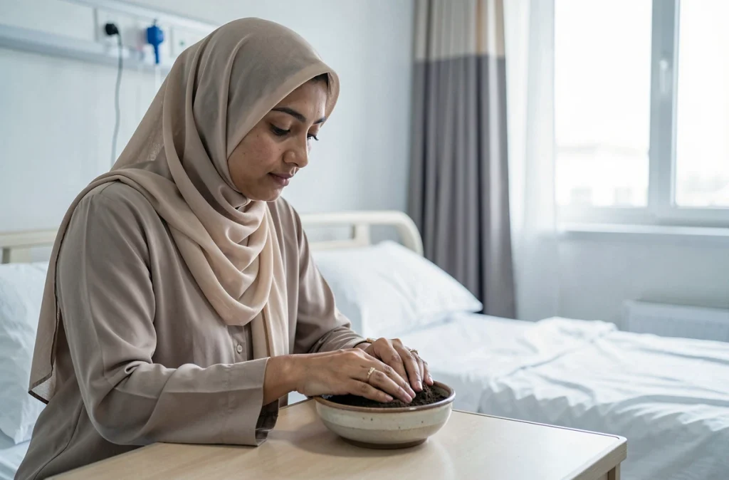 Femme effectuant le tayammum avec de la terre dans une chambre d'hôpital en raison d'une contre-indication médicale à l'eau