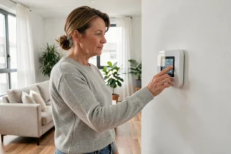 Femme ajustant un thermostat intelligent pour réduire sa consommation d'énergie à domicile