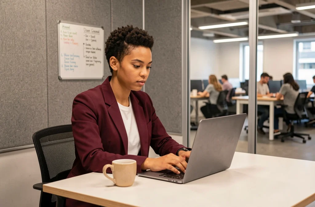 Jeune femme professionnelle concentrée dans un espace de travail individuel au sein d'un coworking urbain