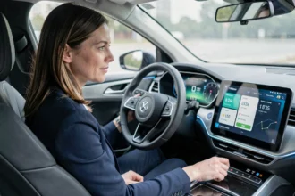 Femme au volant d'une voiture connectée consultant une application d'assurance auto sur l'écran central du tableau de bord