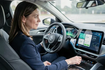 Femme au volant d'une voiture connectée consultant une application d'assurance auto sur l'écran central du tableau de bord