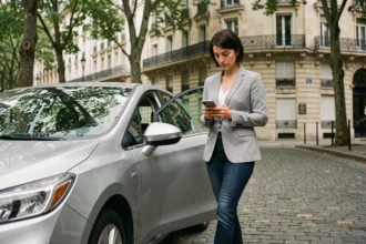 Femme sortant d'une voiture hybride garée sur un boulevard parisien, illustrant l'adoption des véhicules hybrides en ville