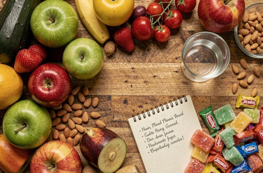 Vue de dessus d'aliments sains et de snacks sucrés sur un plan de travail en bois, illustrant les choix alimentaires pour réduire le sucre et prévenir le diabète