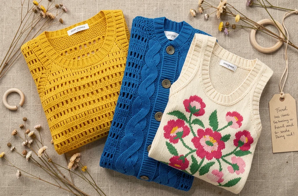 Flat lay de pièces en maille colorée pour la saison printemps-été sur fond de lin naturel