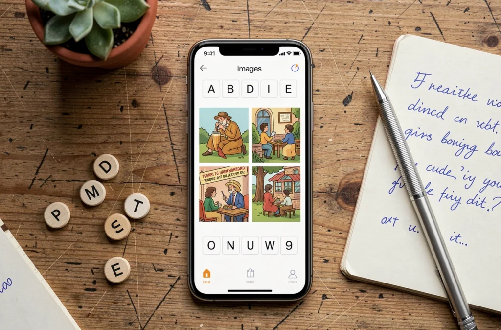 Vue de dessus d'un smartphone affichant un puzzle 4 Images 1 Mot avec une grille de 9 lettres posé sur un bureau en bois avec un carnet de notes