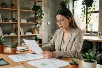 Fondatrice de start-up examinant des prototypes de produits éco-conçus dans un bureau moderne aux matériaux durables