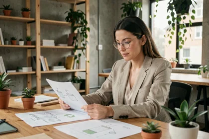 Fondatrice de start-up examinant des prototypes de produits éco-conçus dans un bureau moderne aux matériaux durables