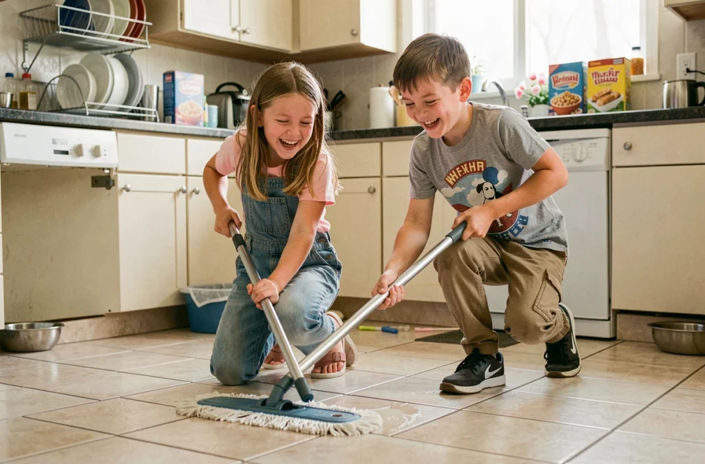 Frère et sœur d'âges différents qui balaient et nettoient ensemble le sol de la cuisine en riant, montrant comment le partage des tâches ménagères renforce la coopération et l'autonomie des enfants