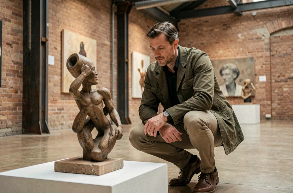 Homme examinant une sculpture dans une galerie d'art contemporain à Lyon