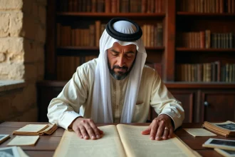Homme d'origine nord-africaine examinant des documents généalogiques anciens et des photographies de famille dans une bibliothèque traditionnelle