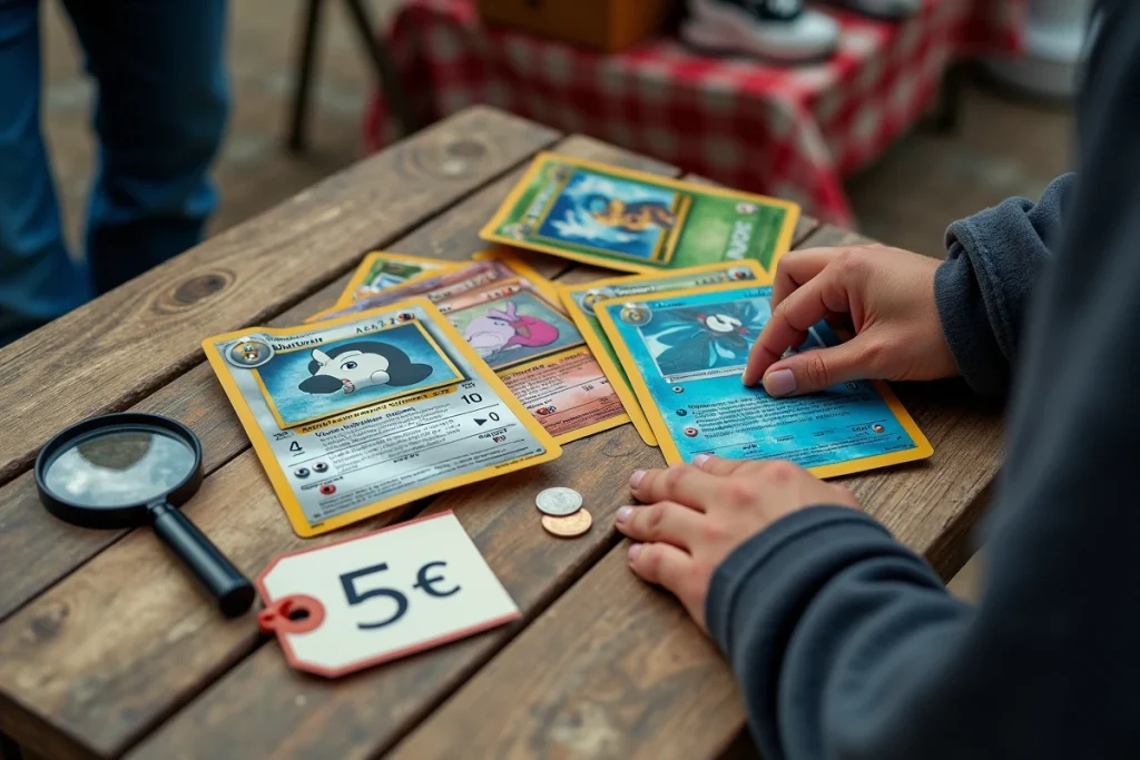 Gros plan sur des cartes Pokémon rares holographiques disposées sur une table de brocante avec une loupe