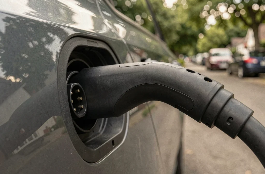 Gros plan d'un connecteur de recharge électrique de type 2 inséré dans la prise d'une voiture électrique grise, symbole de l'accessibilité croissante des infrastructures de recharge