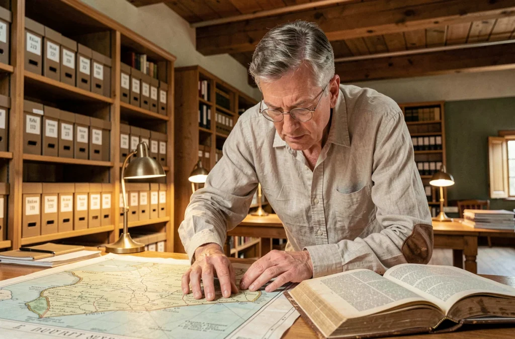 Historien quinquagénaire consultant un ouvrage ancien dans une salle d'archives universitaire, symbolisant la recherche des origines de la formule homo homini lupus