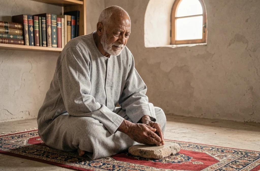Homme âgé réalisant le tayammum sur un tapis de prière à l'intérieur d'une maison traditionnelle
