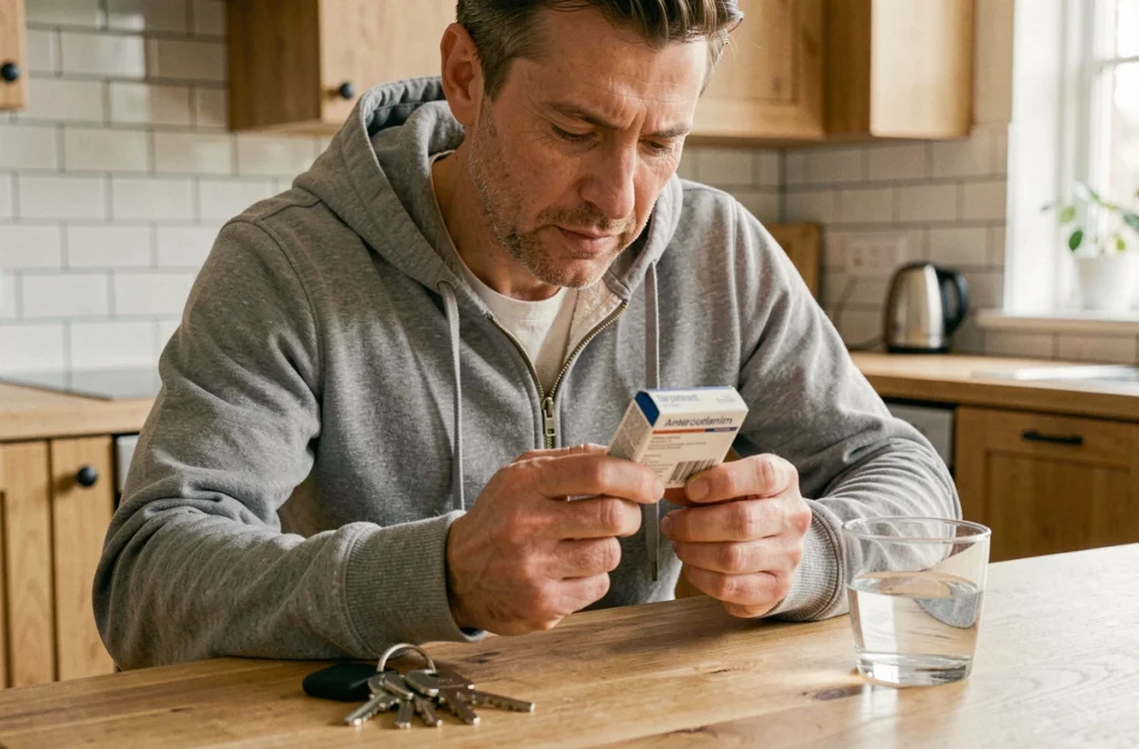 Homme lisant la notice d'un antihistaminique à la maison pour soulager ses allergies printanières