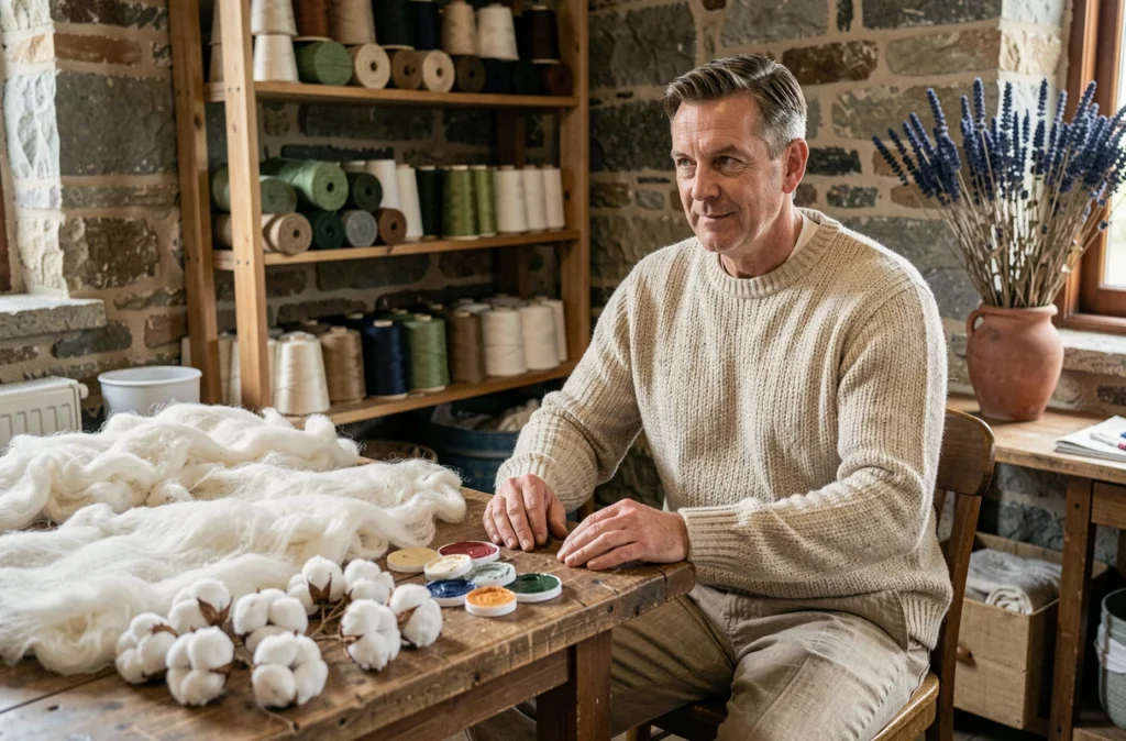 Homme en pull en laine naturelle dans un atelier de tissage artisanal avec fibres brutes