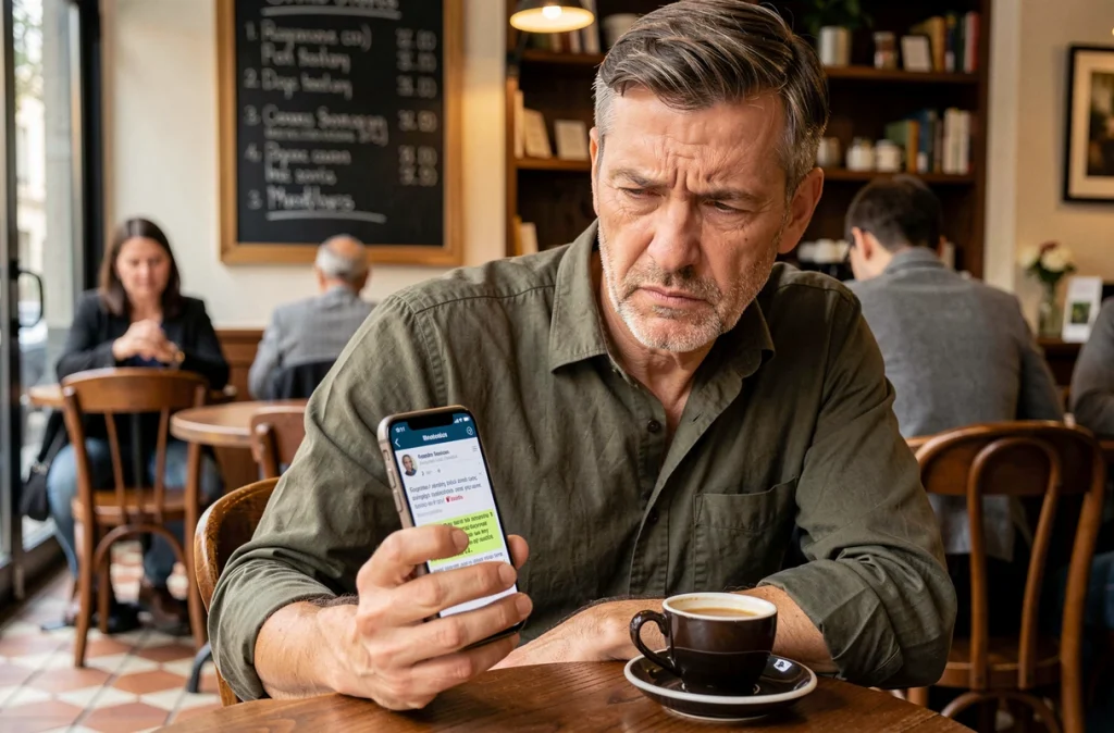 Homme dans un café examinant d'un œil critique un lien suspect partagé sur un forum depuis son smartphone