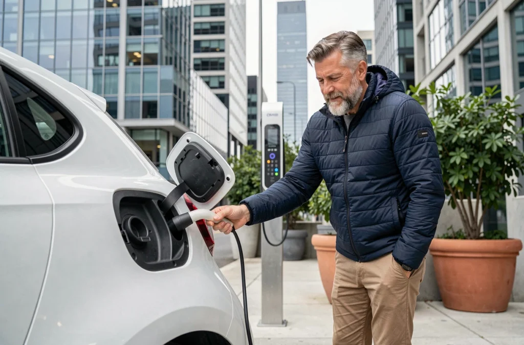 Homme chargeant une voiture hybride blanche à une borne de recharge urbaine entourée d'immeubles modernes