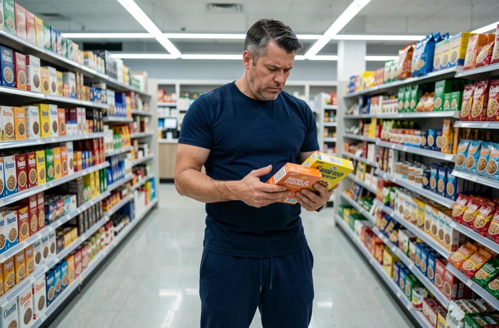 Homme comparant la teneur en sucre de deux boîtes de céréales dans un supermarché pour faire des choix alimentaires sains