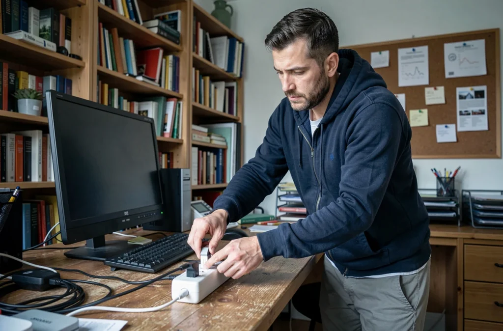Homme débranchant des appareils électroniques en veille pour économiser l'énergie chez lui