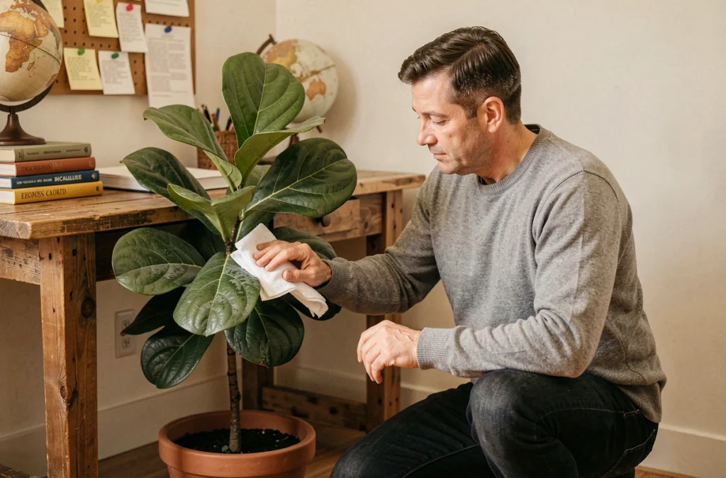 Homme entretenant un grand ficus lyrata dépolluant dans le coin bureau de son domicile avec des accessoires décoratifs en bois