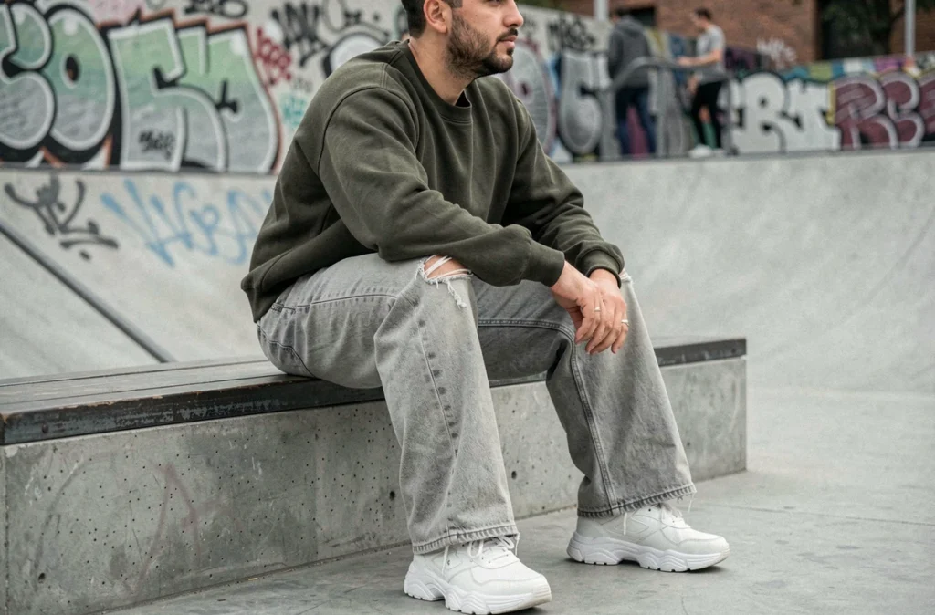 Homme en jean large gris clair et sweatshirt olive assis dans un skatepark urbain, look streetwear contemporain