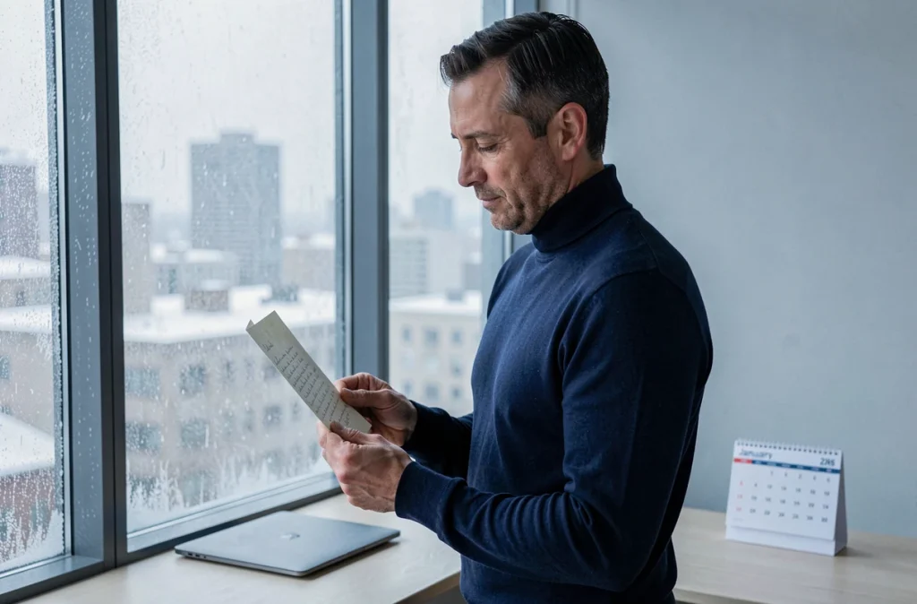 Homme lisant un poème de vœux manuscrit près d'une fenêtre givrée en janvier 2026, ambiance hivernale urbaine