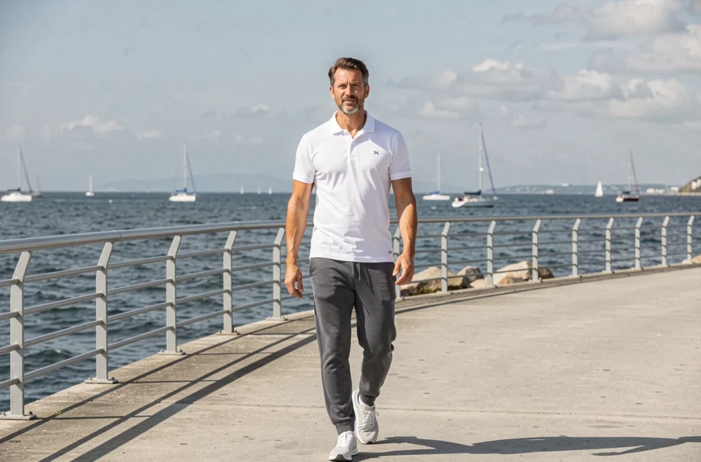 Homme dans la quarantaine marchant sur une promenade côtière, illustrant les bienfaits de la marche régulière sur le cœur