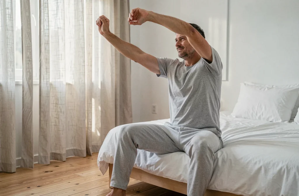 Homme se réveillant reposé au bord du lit le matin, symbolisant les bienfaits d'un sommeil réparateur sur l'immunité
