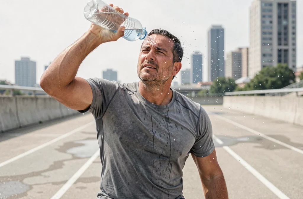 Homme sportif se rafraîchissant avec de l'eau après un effort physique en pleine chaleur estivale en ville