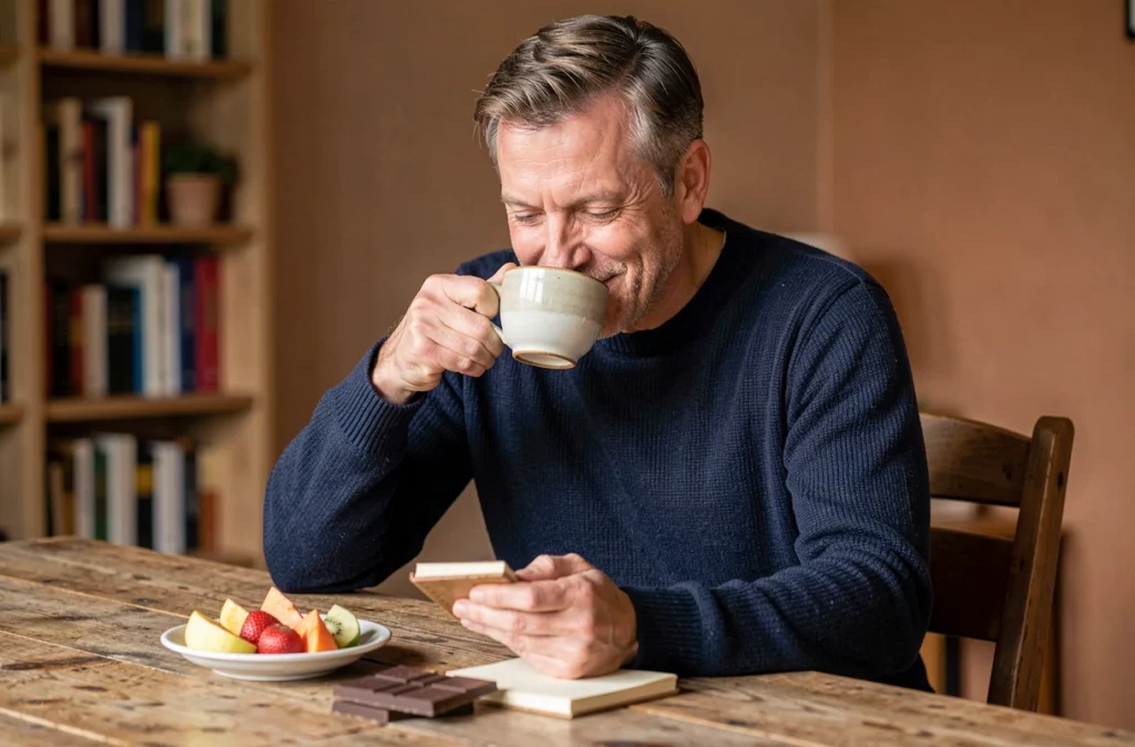 Homme se détendant avec une tisane et des aliments anti-stress comme le chocolat noir et les fruits frais