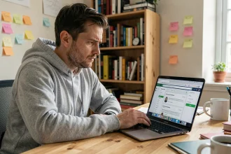 Homme scrutant des forums en ligne sur son ordinateur pour vérifier la fiabilité d'une adresse web partagée