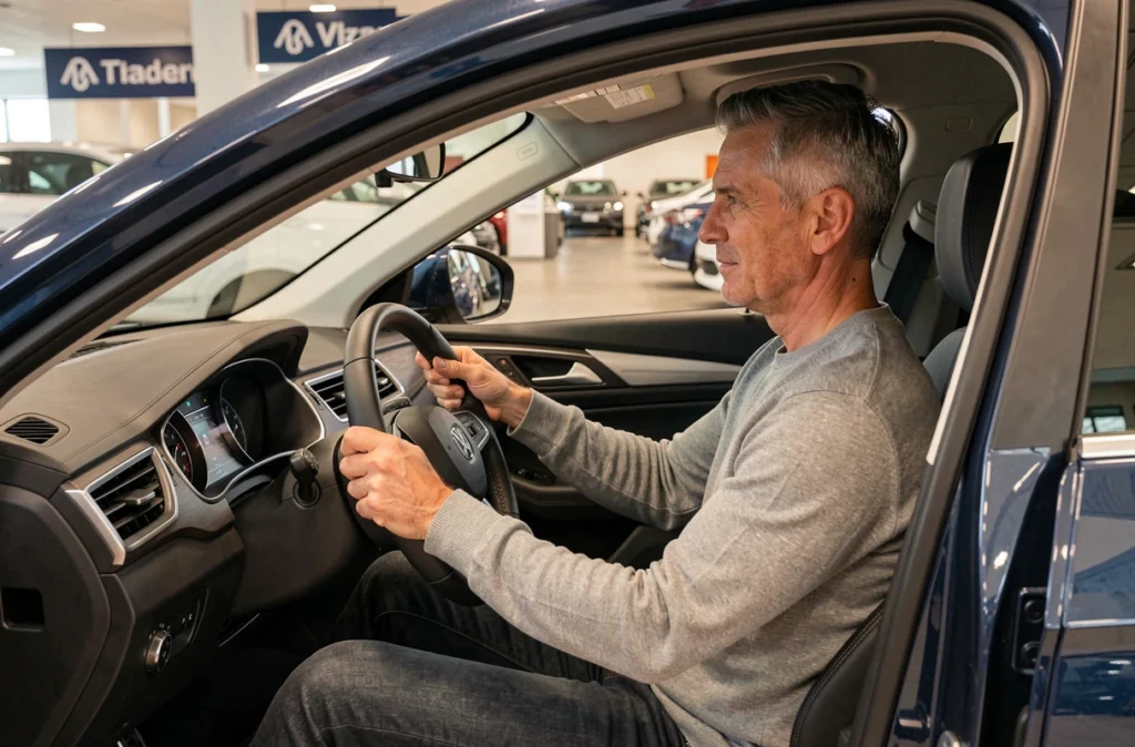 Homme au volant d'une berline moderne lors d'un essai en concession pour une LLD