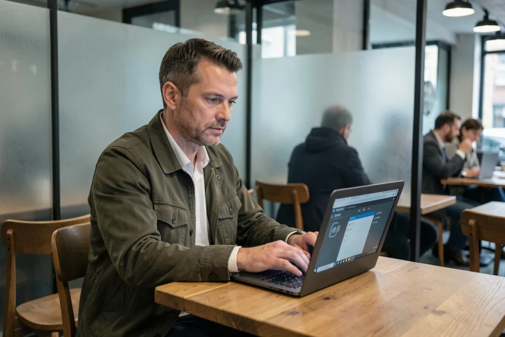 Homme utilisant un VPN dans un café public pour accéder de façon anonyme et sécurisée à un espace membre en ligne