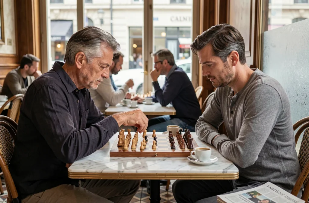 Deux hommes jouant aux échecs dans un café parisien avec pièces en bois sur table en marbre