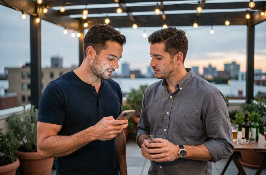 Deux hommes consultant la règle du palmier alcool sur un smartphone lors d'une pré-soirée sur un rooftop urbain