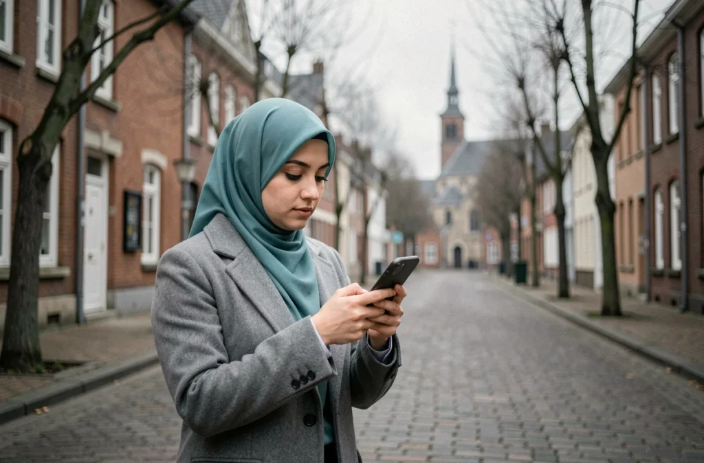 Femme musulmane vérifiant les horaires de prière sur son téléphone dans une rue de Douai