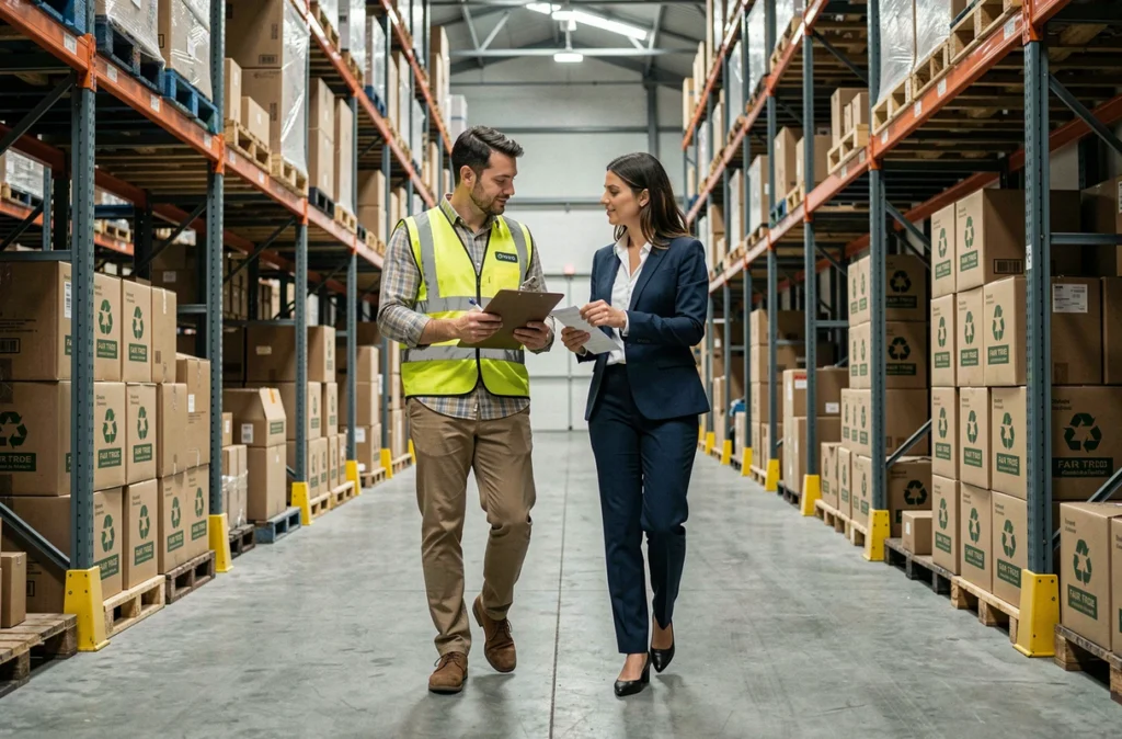 Responsable logistique et collègue inspectant des documents d'approvisionnement éthique dans un entrepôt