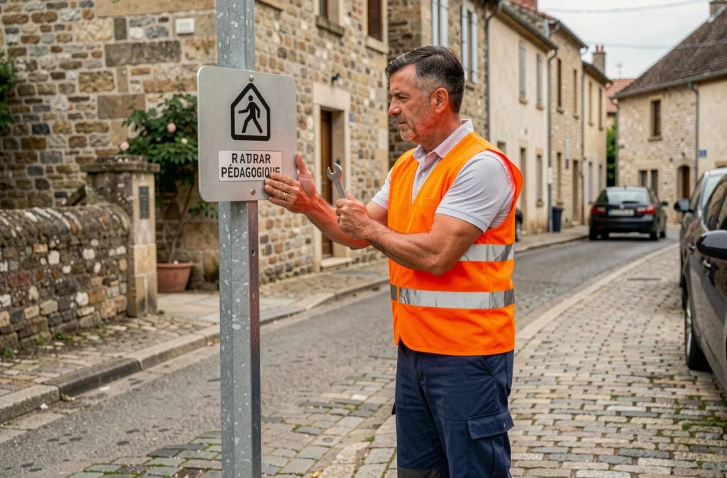 Ouvrier municipal installant un radar pédagogique sur une route de village en France