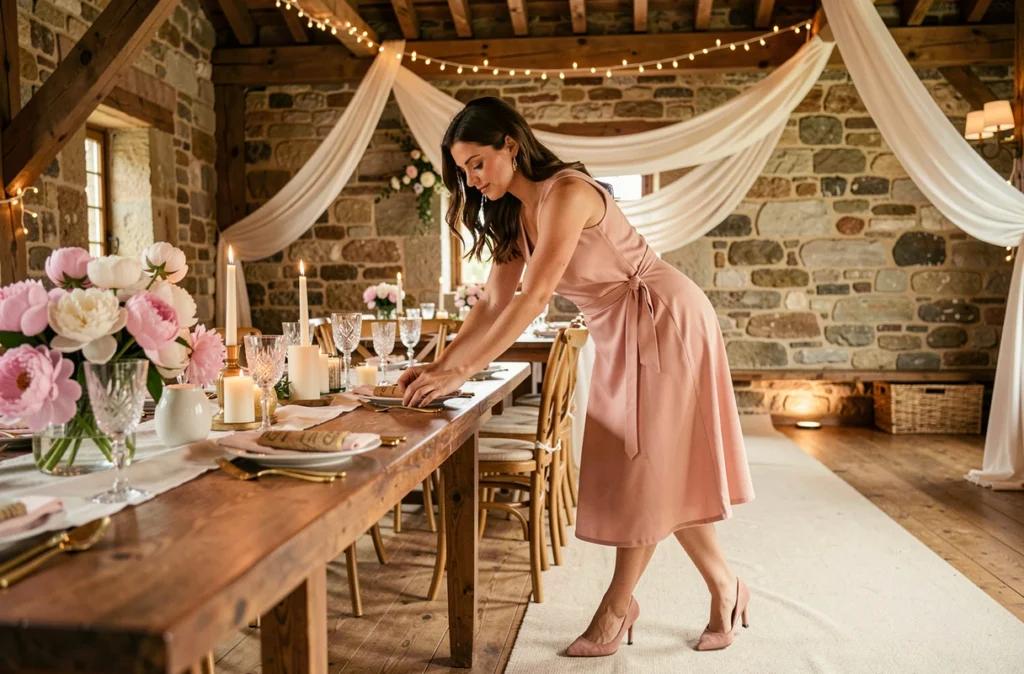 Styliste événementielle finalisant la décoration d'une table de mariage avec pivoines et bougies dans une grange en pierre de Loire-Atlantique pour L'Instant De Bonheur