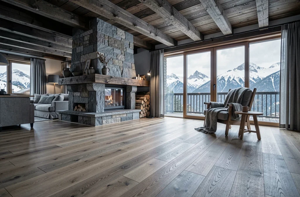 Intérieur chaleureux d'un chalet alpin rénové avec poutres en bois apparentes, cheminée en pierre et grande baie vitrée donnant sur un paysage de montagne enneigé