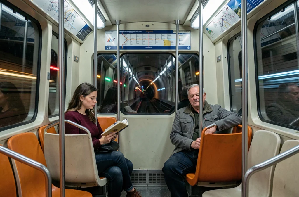 Intérieur d'une rame de métro parisien en mouvement la nuit avec passagers assis et tunnel défiant les vitres