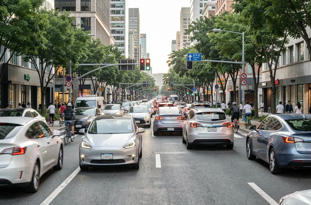 Intersection urbaine animée avec une file de voitures hybrides lors des embouteillages matinaux, symbole de la mobilité verte en ville