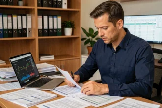 Investisseur en cryptomonnaies analysant sa fiscalité devant un ordinateur avec des documents fiscaux sur son bureau à domicile