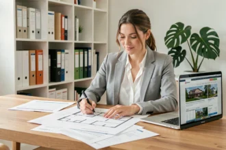 Jeune femme investisseuse immobilière consultant des plans de propriété et documents financiers dans un bureau moderne en 2024