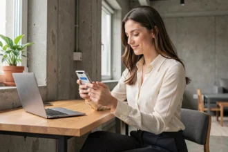 Jeune femme active consultant son application bancaire en ligne sur smartphone depuis son appartement moderne