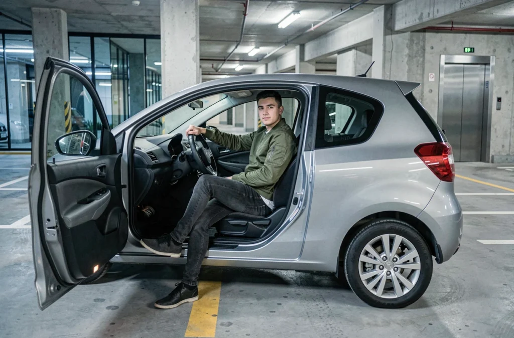 Jeune homme assis au volant d'une voiture compacte dans un parking urbain moderne